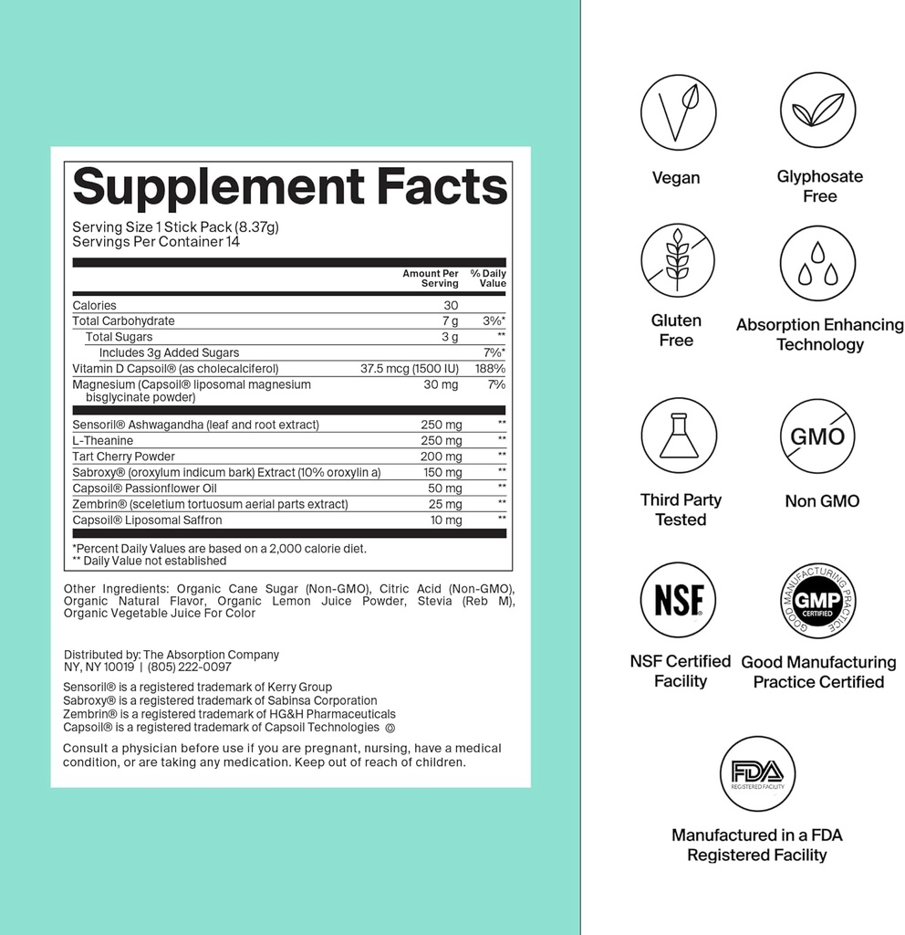 Calm Drink Mix - Relaxation Aid with Magnesium, Ashwagandha, L-Theanine, & Vitamin D - Supports Cortisol Regulation and Mood for Men & Women - Watermelon Lemonade Flavor 7 Sticks