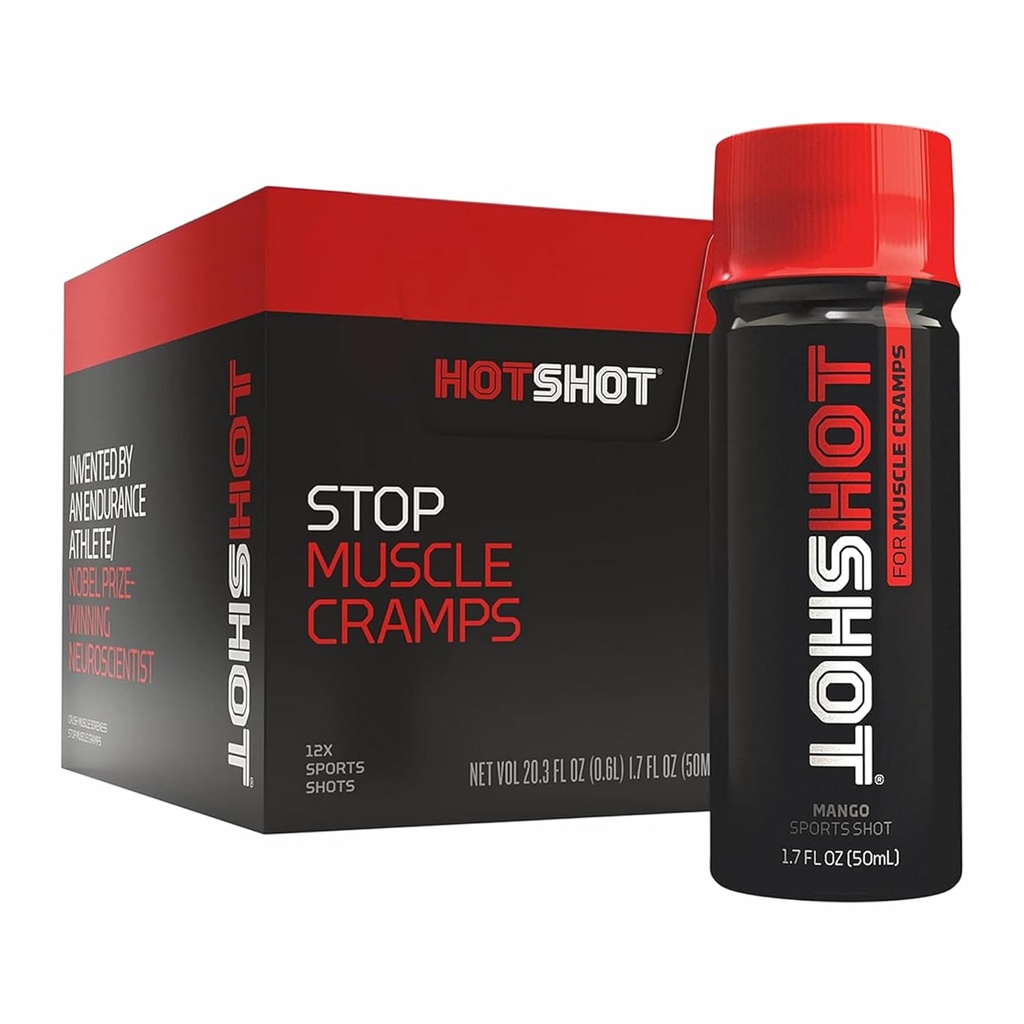 HOTSHOT Sports Shot Muscle Cramp Relief, All Natural Liquid Sports Drink, Scientific Proven, for ben og nat kramper, Stolt NSF Certified for Sport, (Spicy Mango) (1.7 Fl Oz) (Pack of 12)