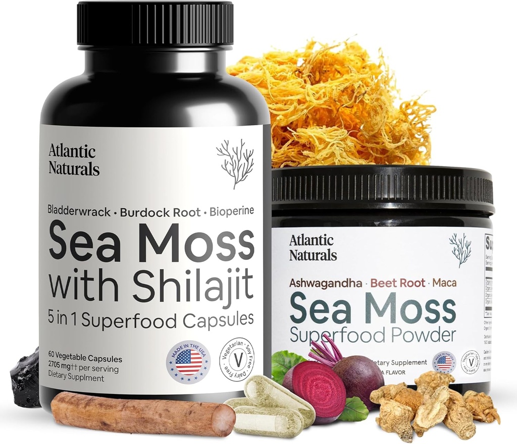 Atlantic Naturals Sea Moss Superfood Bundle - Sea Moss med Shilajit 5- in-1 Capsules & Sea Moss Powder med Ashwagandha, Beet Root & Maca Root - Forbedret Vitality, Hud & Athletic Support 60 ct & 150g