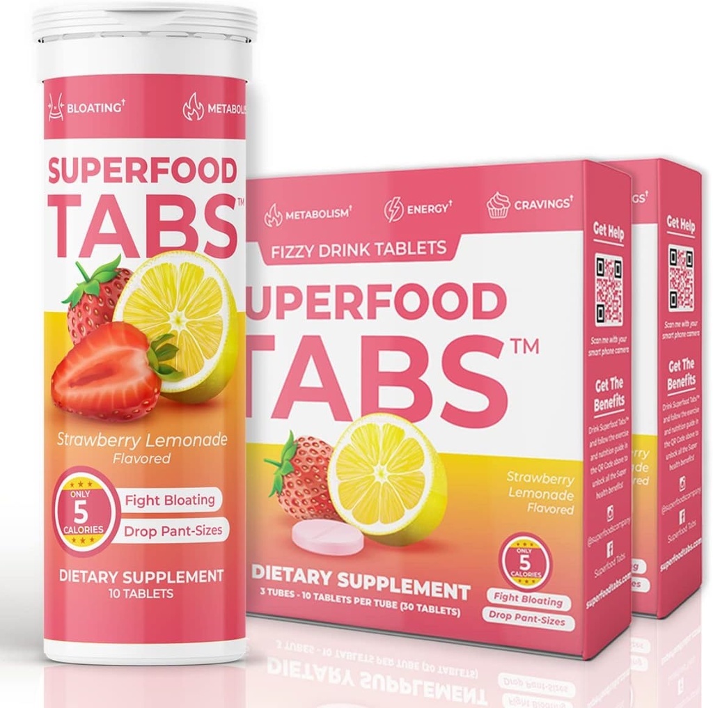 Superfood Tabs Superfoods Company Detox Cleanse Drink - Supplement til Kvinder & Mænd - Støtte sund vægt, fordøjelsessygdomme, Cravings & Bloating Relief - Jordbær Lemonade Flavor [60 tabletter]