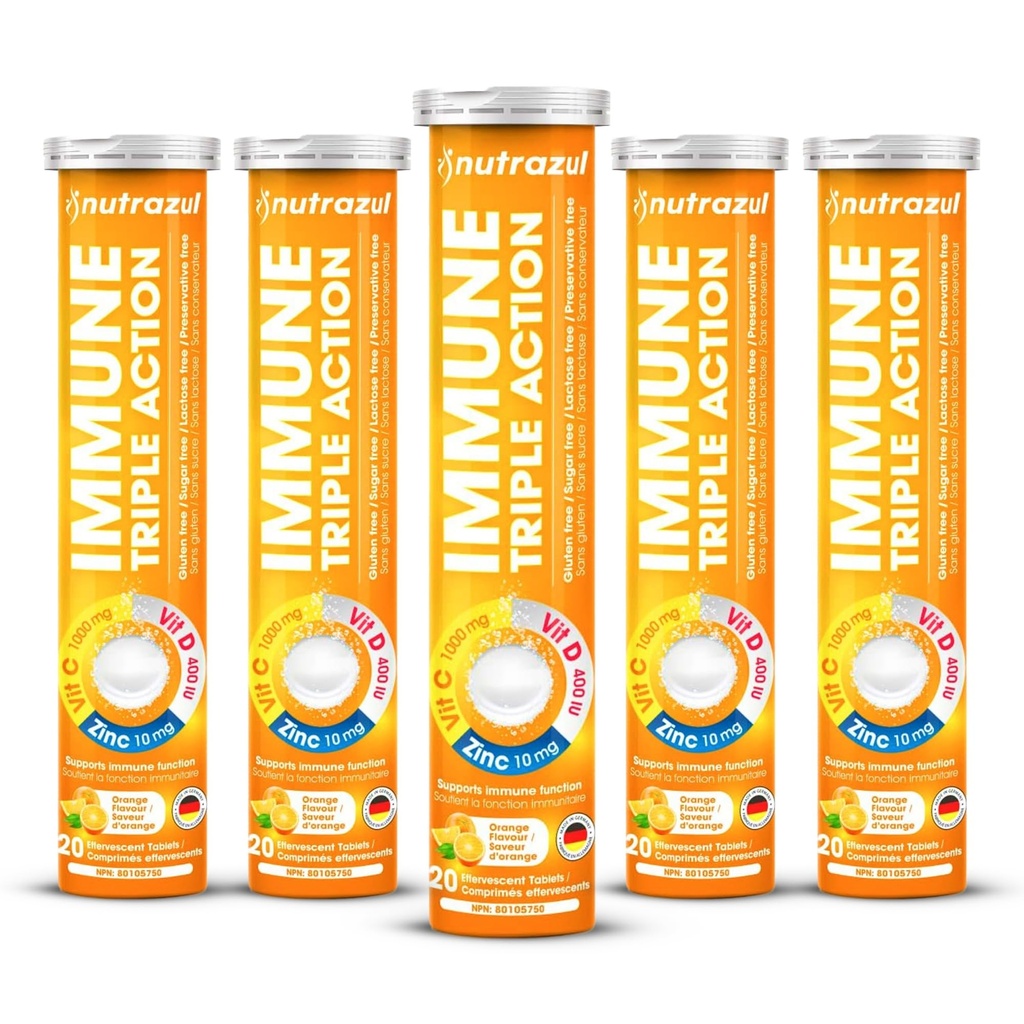 Nutrazul Immuntriple Action Effervescent Tablets - Vitamin C 1000 mg, Vitamin D 400 IE, Zink 10mg I Orange (pakning med 5X20)