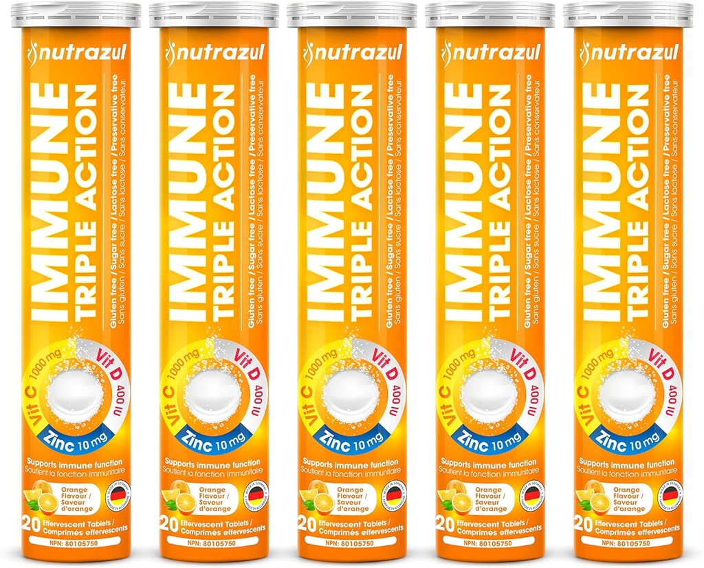 nutrazul Immune Triple Action Effervescent Tablets - Vitamin C 1000 mg, Vitamin D 400 IU, Zinc 10mg I Orange (Pack of 5X20) | Gluten Free, Sugar Free, Lactose Free & Preservative Free