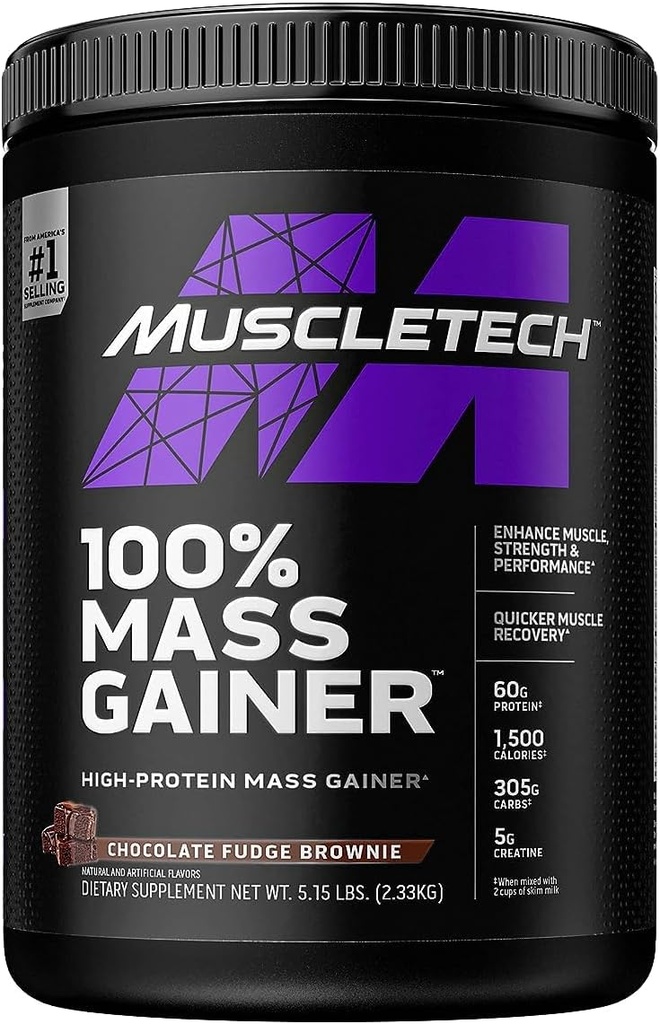 MuscleTech High Protein Mass Gainer til mænd og kvinder - Protein Powder Shakes for Weight Gain, Muscle Building & Recovery med Creatin monohydrat - Chokolade Fudge Brownie, 5.15 Pound