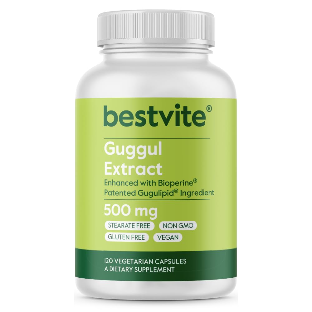 Guggul Extract 500mg (120 Vegetariske Kapsler) - Bakkes af klinisk forskning, Patenteret og Standardiseret, Forbedret af Bioperine - Ingen Fillers - Ingen Stearates - Vegan - Ikke GMO - Gluten Free