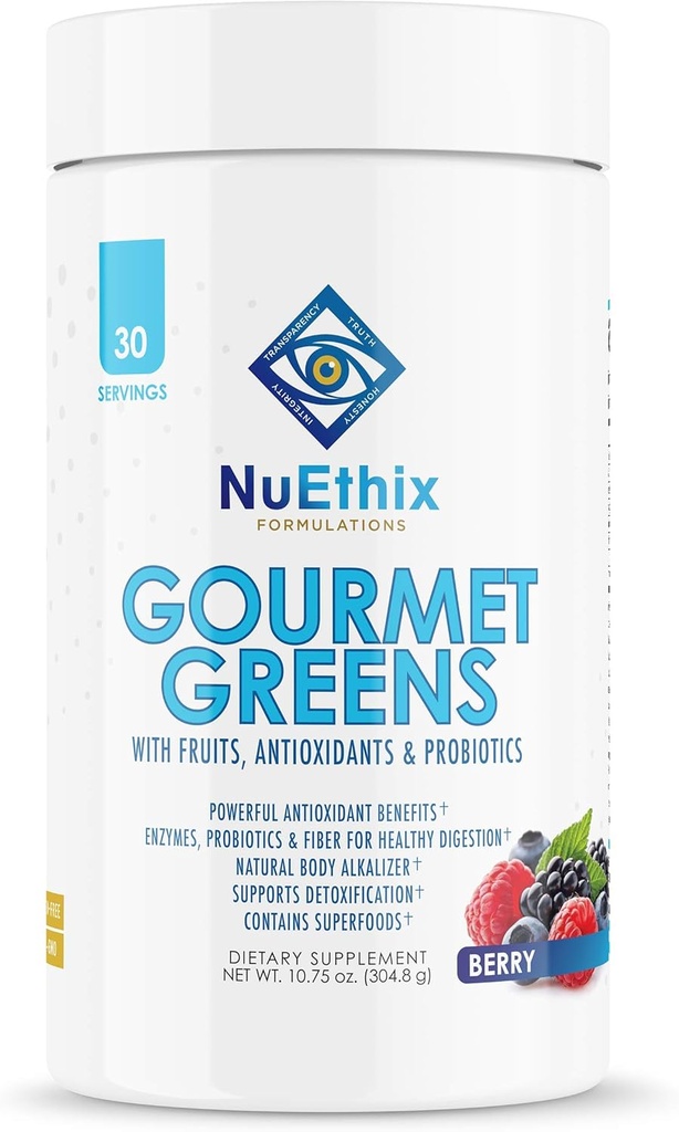Nuethix Formuleringer Gourmet grønne drikke pulver Kosttilskud med frugt og grøntsager Superfødevarer og probiotika, Berry, 30 Servere