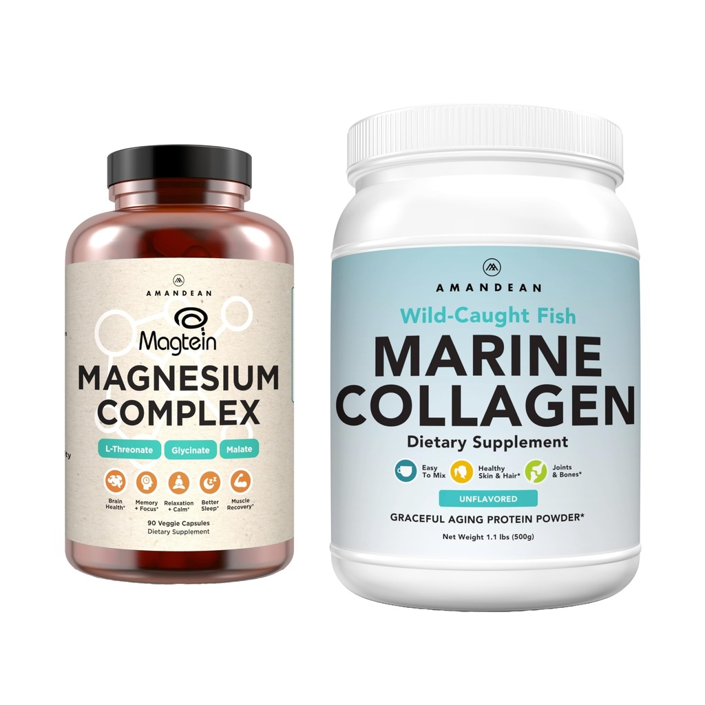 AMANDEAN Premium Magnesium Complex & Marine Collagen bundle. High- Absorption Magnesium Threonat, Glycinate & Malat. Wild-fanget hydrolyseret fisk collagen protein. Support Quality Sleep, Skin & Mood