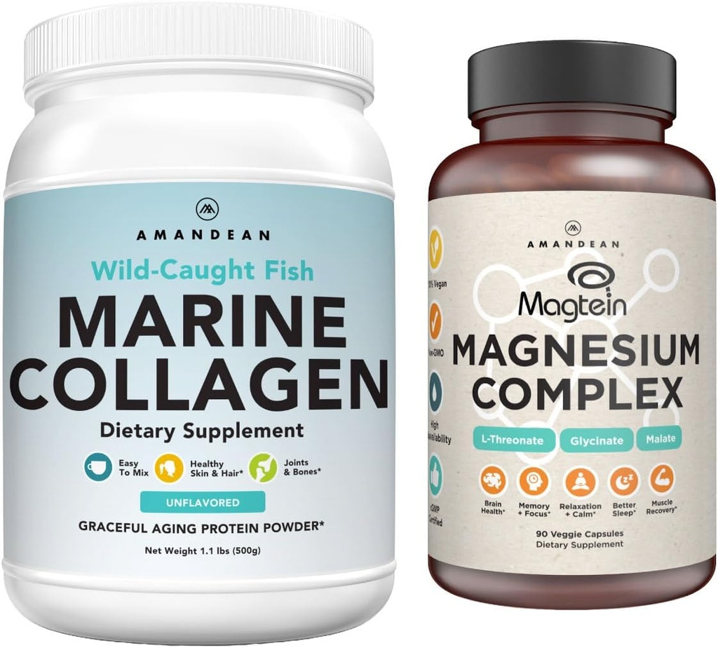 AMANDEAN Premium Magnesium Complex & Marine Collagen bundle. High- Absorption Magnesium Threonat, Glycinate & Malat. Wild-fanget hydrolyseret fisk collagen protein. Support Quality Sleep, Skin & Mood