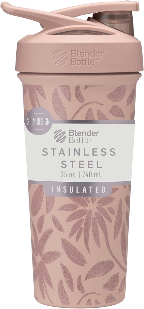BlenderFlaske Strada Flip Shaker Cup isoleret rustfrit stål vandflaske med Wire Whisk, 25-Ounce, Brown Blomster