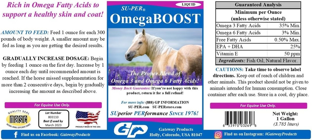 SU- PER OmegaBOOST Fish Oil for Heste - Premium Omega 3 og Omega 6 Fedtsyrer Supplement - Understøtter sund hud & Coat - 1 Gallon
