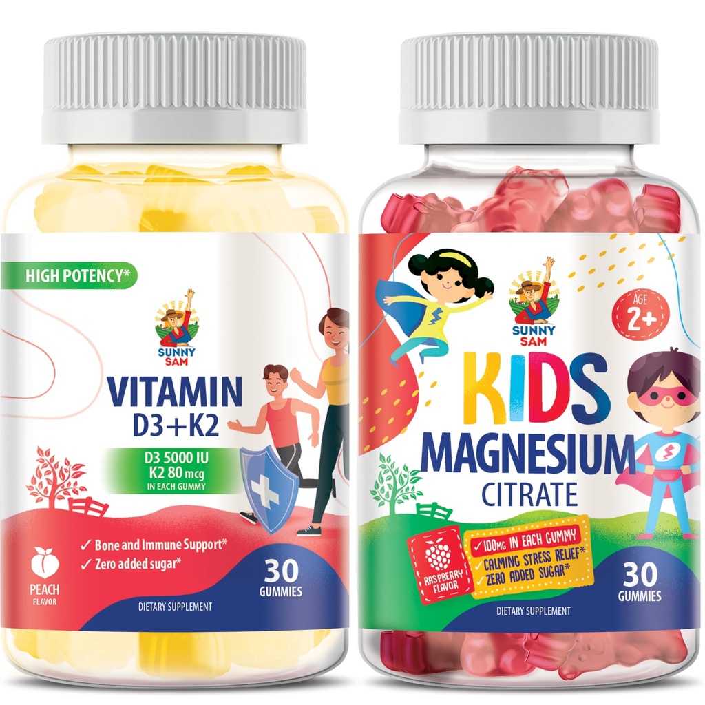 SUNNY SAM Magnesium gummier til børn og vitamin D3 K2 gummier 5000 IE.