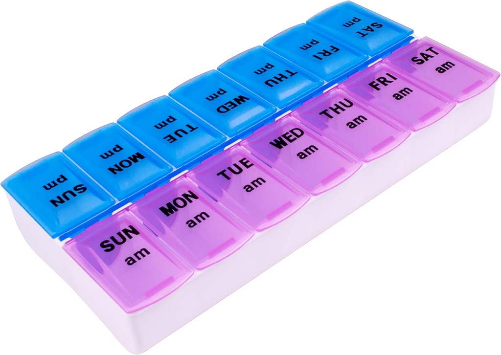 Apex Weekly AM/PM Medication Dispenser, 7-Day Twice-A-Day Pill Organizer with Easy-Open Lids (Color May Vary)
