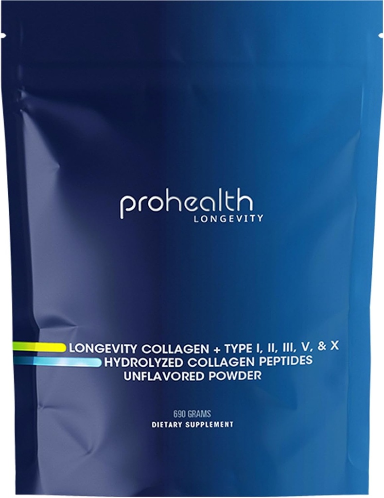 ProHealth Longevity Collagen Peptider Powder - for mennesker over 40. 20g Multi Collagen. 2g Pro- Collagen. Hyaluronsyre. Type I, II, III, V, X for Joints, Bones, Hår, Hud, Muskler, Gut - 30 Servere