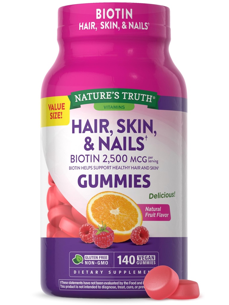 Nature 's Truth Hår, Hud, og Nails Gummees 124; med Biotin Memory 124; 140 Greve 124; Frugt Flavor Memory 124; Vegan, Non- GMO og Gluten Gratis Vitamin til mænd og kvinder
