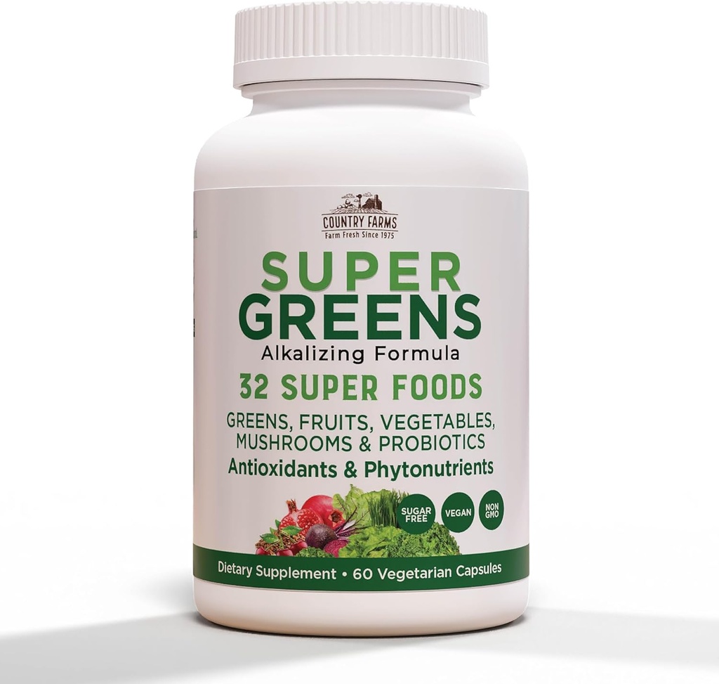 LAND FARMS Super Green Vegicals, 32 Super Foods, Hele fødevarer supplement, Grønne, Frugt, Grøntsager, Svampe & Probiotika, Rig i antioxidanter & Phytonutrients, 60 Greve, 30 Servere