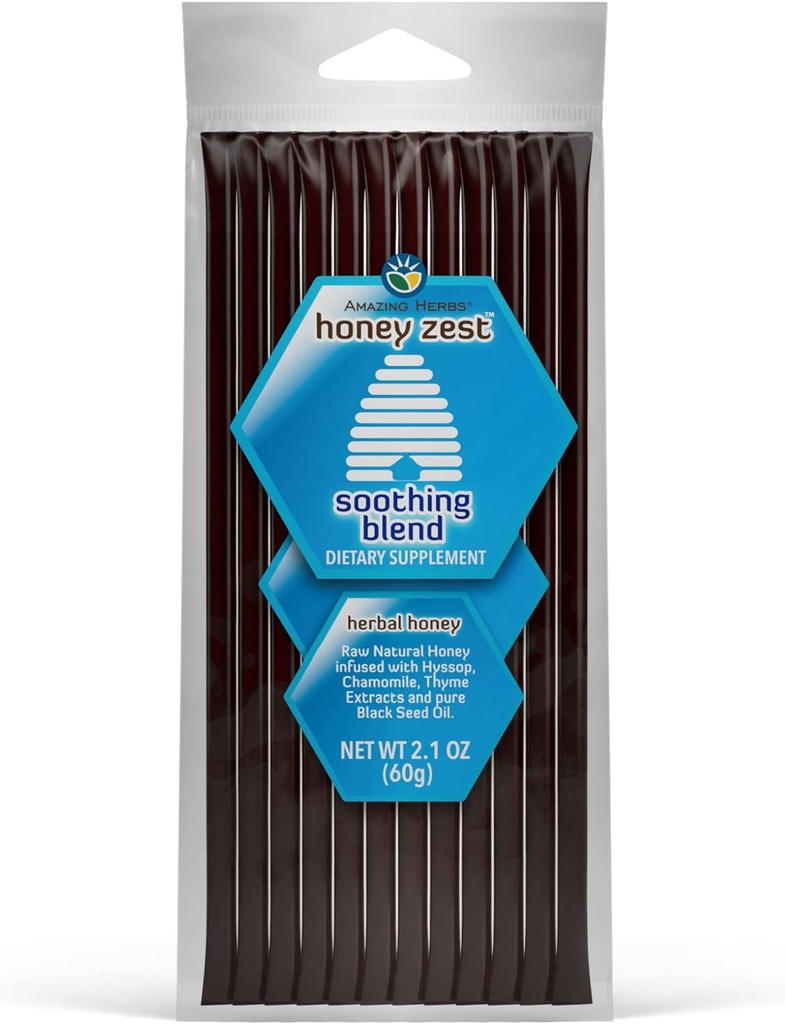 Amazing Herbs Raw Natural Honey - Herbal Honey Infunded med Hyssop, Kamille, Thyme Ekstrakter & Pure Black Seed Oil, Non GMO, Gluten Free immunbooster - Honeyzest Soothing Straws, 12 Greve