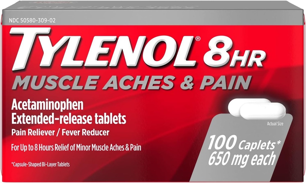 Tylenol 8 timers muskelakker og smertekapsler, 100 greve per flaske (3 flasker)