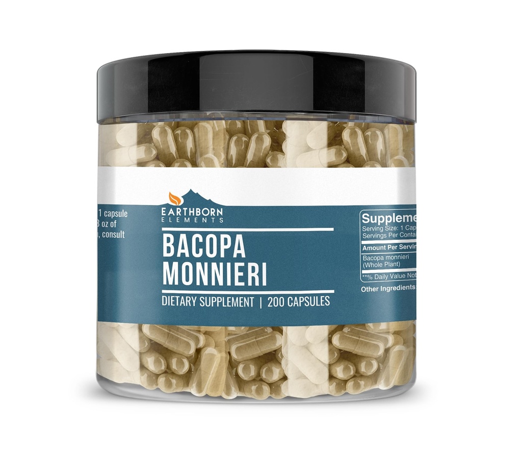 Earthborn Elements Bacopa Monnieri 200 Kapsler, Pure & Ufortyndet, Ingen tilsætningsstoffer