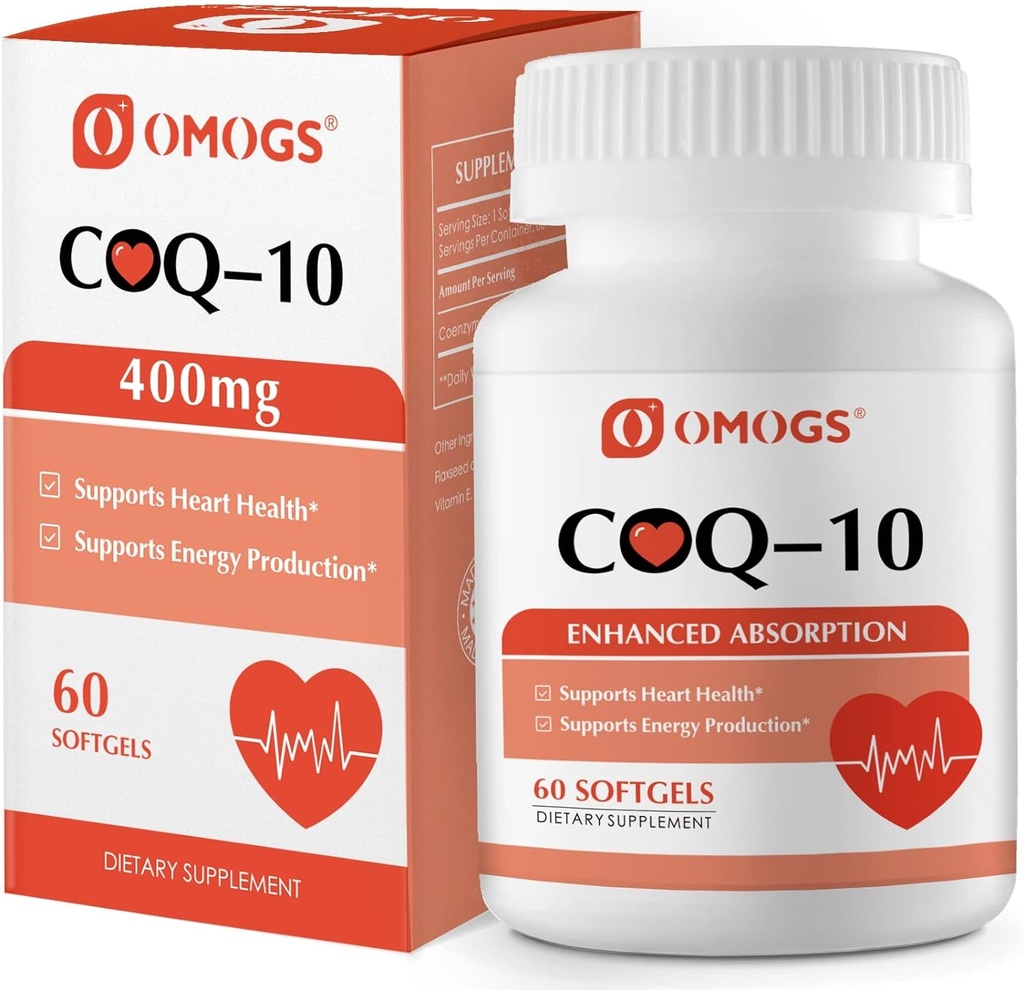 OMOGS CoQ10 400mg Softgels, Coenzym Q10 High Absorption Supplements Heart Health, Cardiovaskulær Health, Immunsystem & Cellular Energy Production, Gluten Free, 60 Softgels