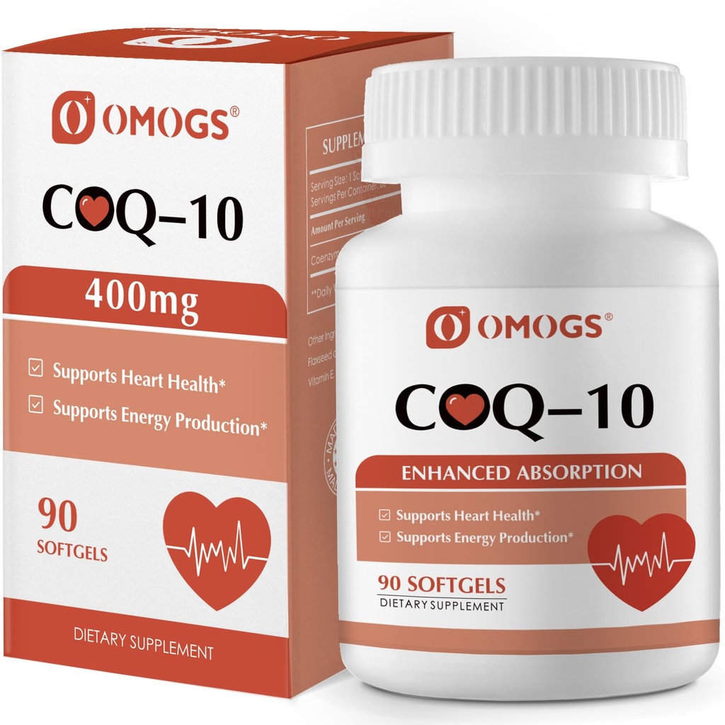 OMOGS CoQ10 400mg Softgels, Coenzym Q10 High Absorption Supplements Heart Health, Cardiovaskulær Health, Immunsystem & Cellular Energy Production, Gluten Free, 90 Softgels