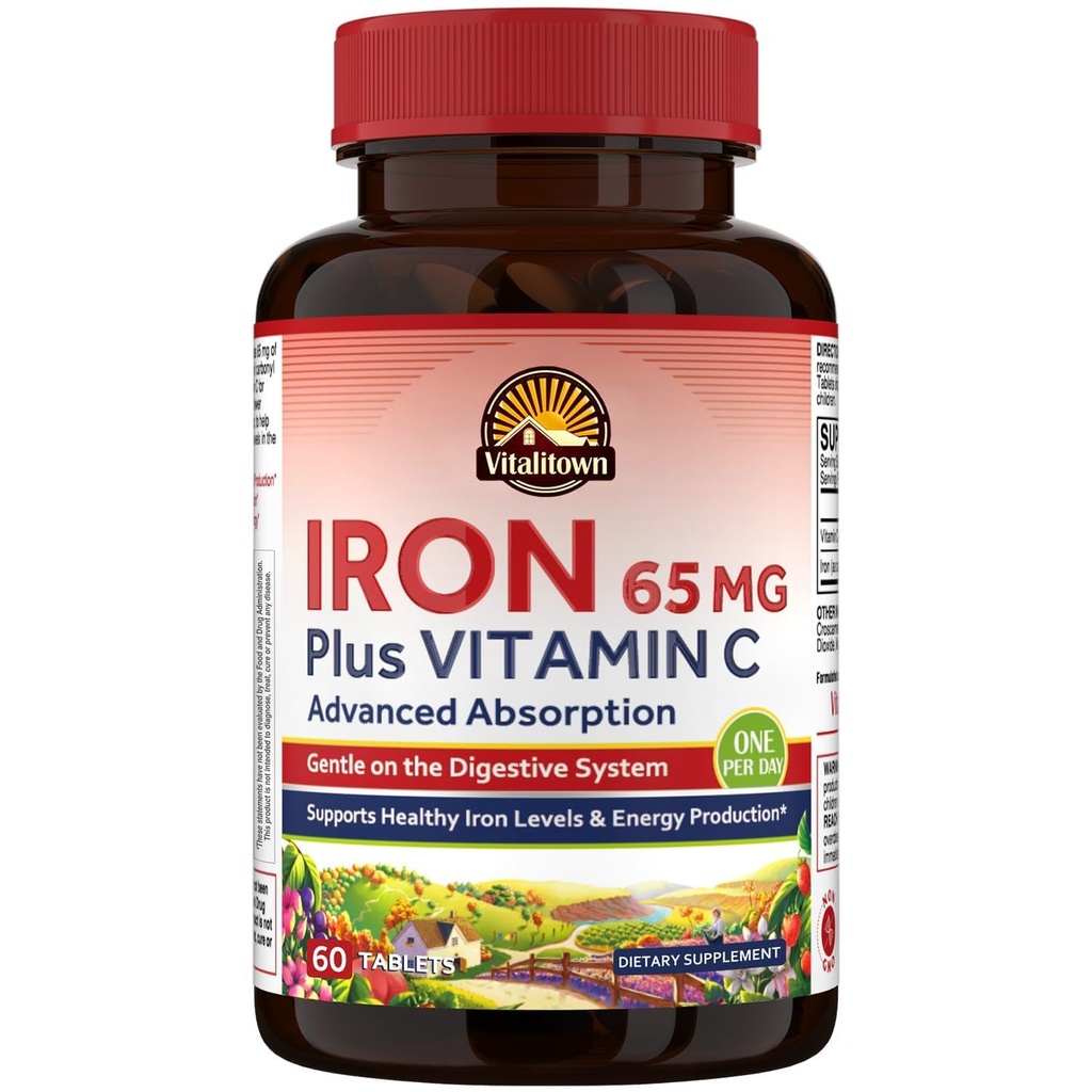 Vitalitown jerntilskud til kvinder Mænd, Hagnpotence 65mg Jern med C-vitamin 250 mg, mindre forstoppelse, bedre til blodopbygning & energiforbedring, ingen gluten, ikke-GMO 60 Vegansk jernpiller