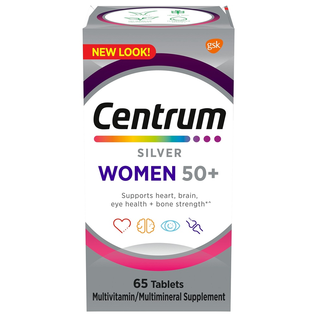 Centrum sølv kvinders Multivitamin til kvinder 50 Plus, Multivitamin / Multimineral supplement med vitamin D3, B Vitamin, non-GMO ingredienser, Understøtter hukommelse og kognition hos ældre voksne - 65 Ct