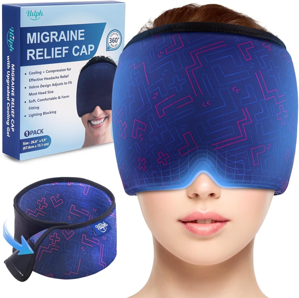 Hilph Justerbar Migræne Relief Cap med Thickened Gel Cold Compress, Hovedpine Relief Cap, Face Cooling Mask Gel Head Wrap for Spænding, Stress & Handover, Lindrende gaver til kvinder Mænd Blå