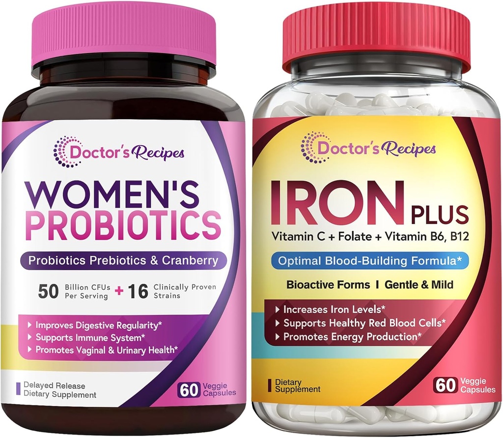 Doctor 's Opskrifter Kvinder Probiotika & Iron Plus Bundle, Feminin Health & Blood Support, Probiotiske Kapsler 60ct & Iron Kapsler 60 ct
