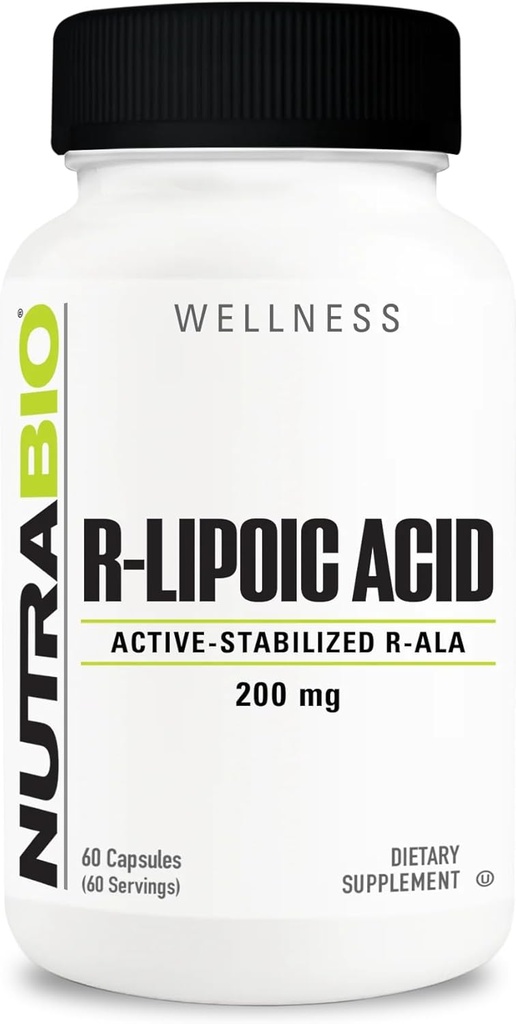 NutraBio R- Lipoic Acid Supplement, 200mg - Active Stabilized R- ALA Supplement- Optimized Alpha Lipoic Acid Formel for Better Absorption to Support Health and Wellness- 60 Kapsler