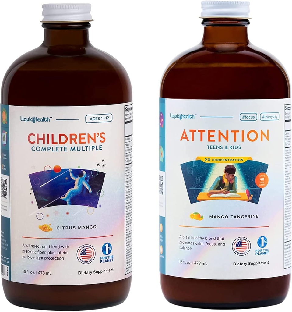 LIQUIDSUNDHED Børn Komplet Multivitamin & Opmærksomhed Teens & Kids Flydende Vitamin Bundle til Børn - Immunstøtte, Forbedre fokus, Koncentration, Boost Mood - Vegan, Non- GMO, Made in USA