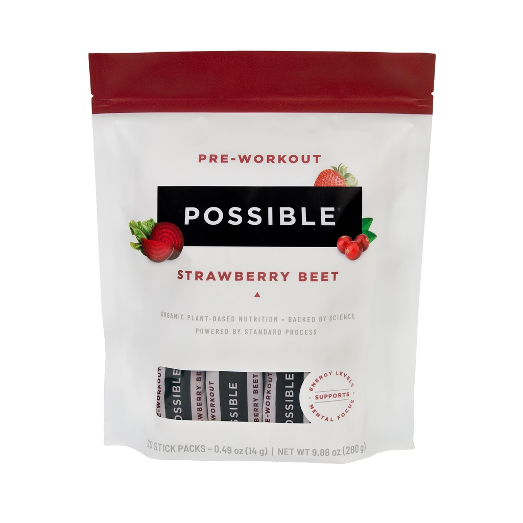 Beet Pre- Workout - Jordbær Beet Flavor - Individuelt indpakket Servering - Indeholder B- Vitaminer og grøn te koffein ekstrakt - Kilde til nitrater - 1 Bag, 20 Stick Packs