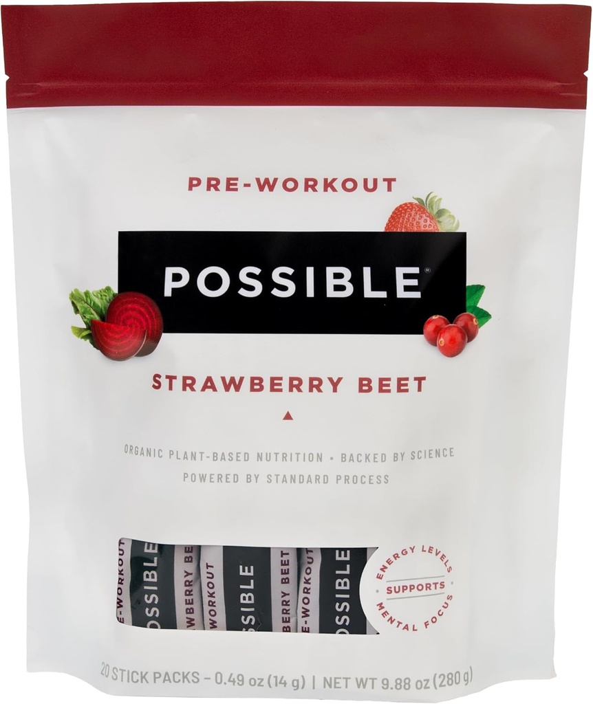 Beet Pre- Workout - Jordbær Beet Flavor - Individuelt indpakket Servering - Indeholder B- Vitaminer og grøn te koffein ekstrakt - Kilde til nitrater - 1 Bag, 20 Stick Packs
