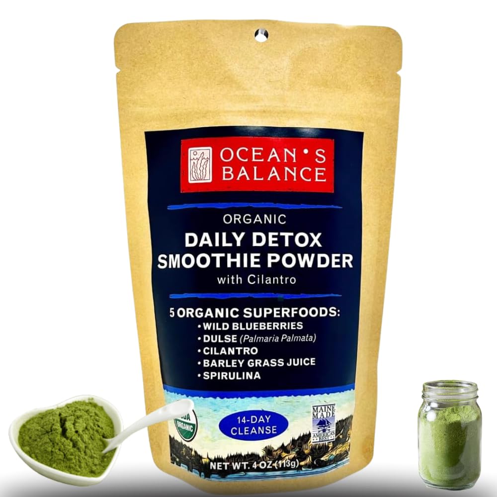 Ocean 's Balance Daily Detox Smoothie Powder med Cilantro, Blåbær, Spirulina, Dulse Seaweed & Barley Grass Powder - Nemt fordøjede Smoothie Mix til Detox Cleanse (4 oz - 1 pakke)