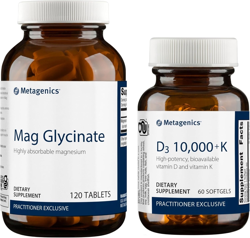Metagenics Bundle - D3 10.000 + K & Magnesium Glycinate - 60 Softgels af D3 til immunforsvar, Knoglesundhed og hjertesygdomme * - 120 tabletter af Magnesium Glycinate til nervesystem Support *