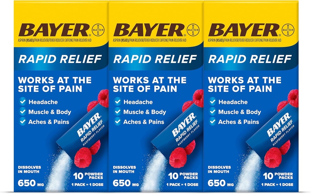 Bayer Rapid Relief Powder Pakker med Aspirin & Koffein, Opløselig Fast Active Pain Relief for Hovedpine, Muskel og Body Pain, Raspberry Flavor (Emballage kan variere), pakke med 3 x 10 Tæl