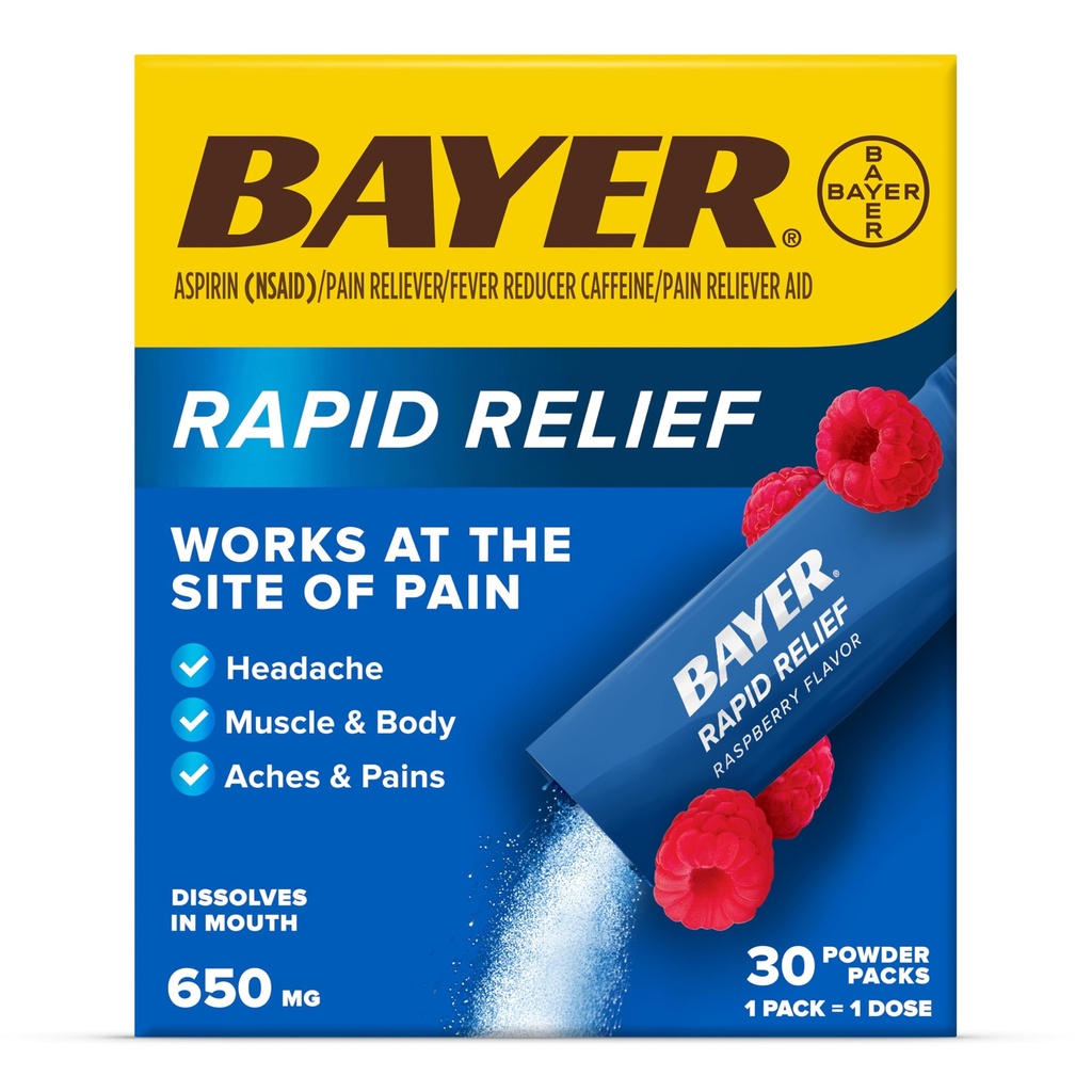 Bayer Rapid Relief Powder Pakker med Aspirin & Koffein, Opløselig Fast Active Pain Relief for Hovedpine, Muskel og Body Pain, Raspberry Flavor (Emballage kan variere), pakke med 3 x 10 Tæl