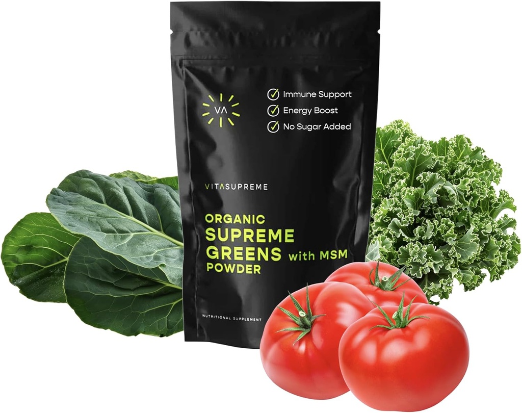 Organic Superfood Green Powder med MSM, for Gut Health, fordøjelse, immunforsvar, energi, og mere (Sugar Free, Non- GMO, Keto, Vegan), 60 Servere, 30 dages forsyning