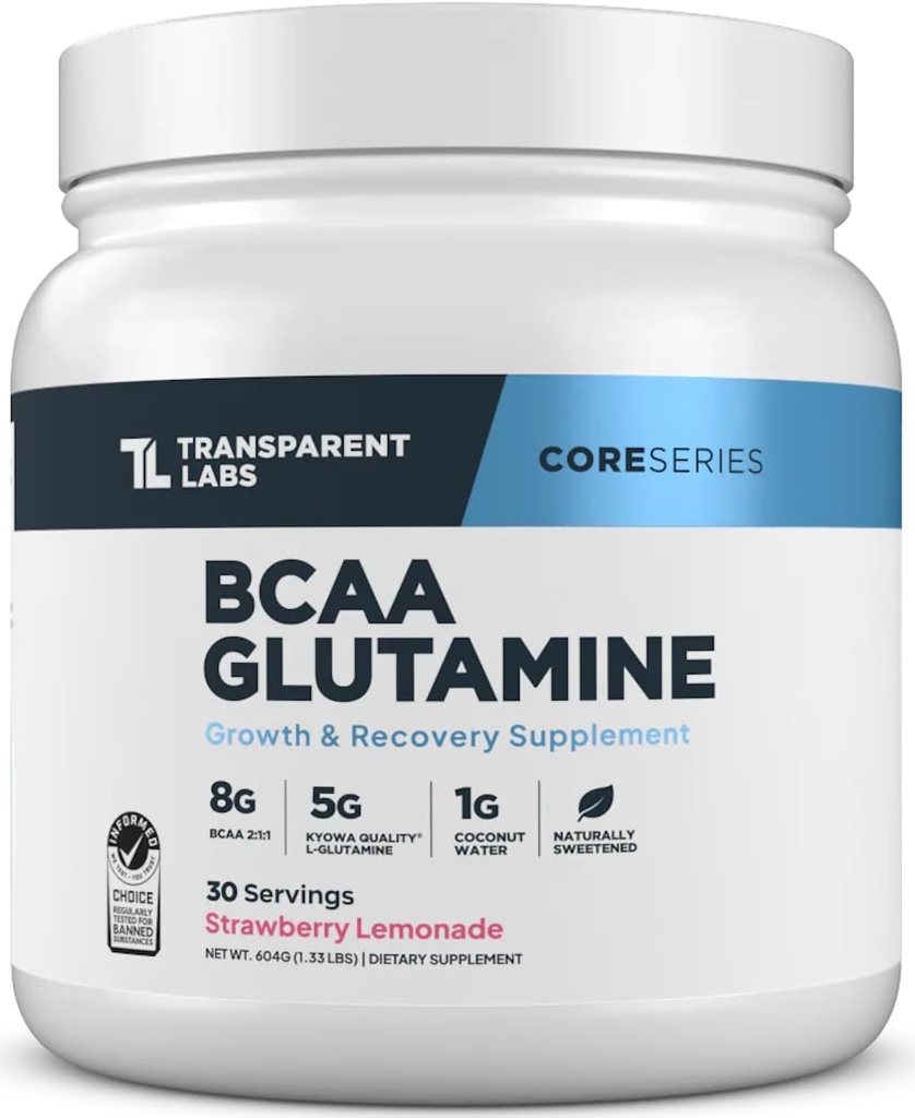 Transparent Labs BCAA Glutamin - 8000 Mg BCAA pulver med L Glutamin til indlæg Workout Recovery, Muscle Growth, & Øget Endurance - 30 Servering, Jordbær Lemonade