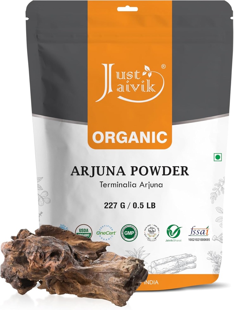 Just Jaivik 100% Organic Arjuna Bark Powder (Terminalia Arjuna) 1 / 2 LB, 08 oz, 227g USDA Certified Organic-Bionedbrydelig Zip Lock Pouch Traditionel foryngelse og Tonic for The Heart *