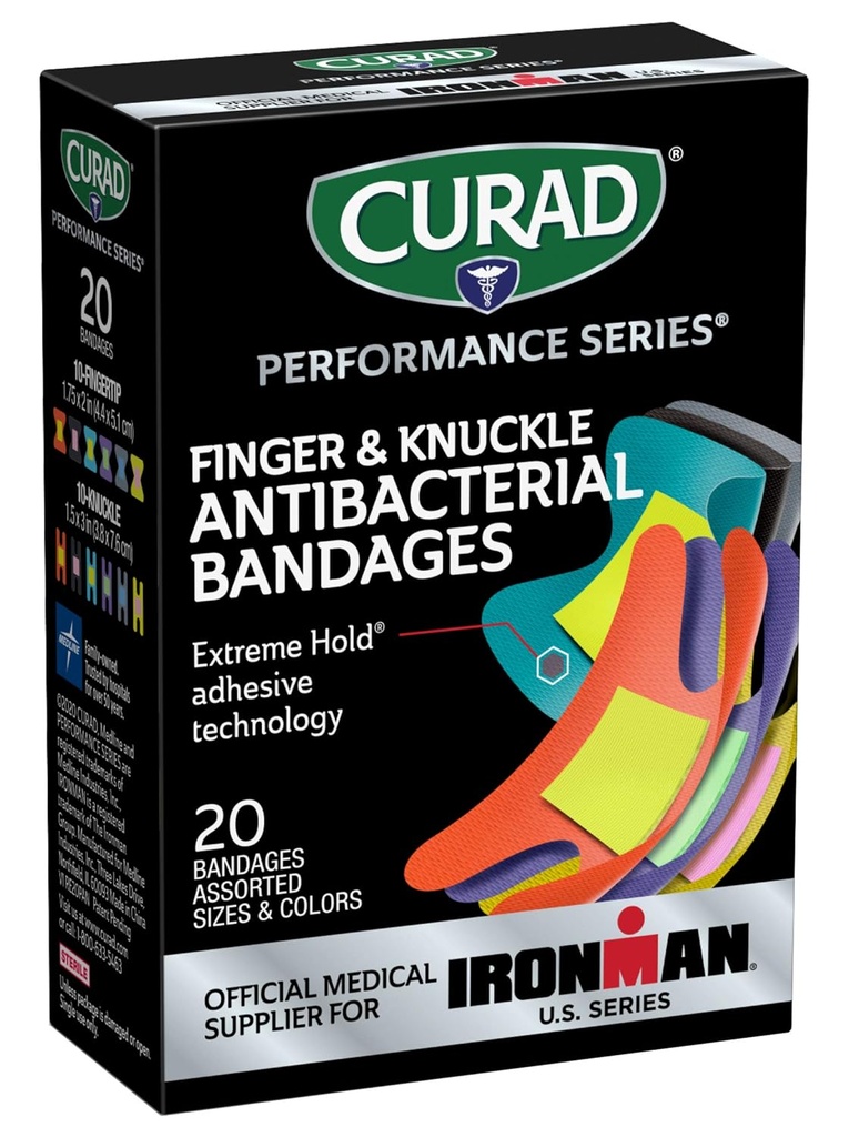 CURAD Performance Series IRONMAN Antibakterielle Bandages, Extreme Hold Adhesive Technology, Finger & Knuckle Bandages, Fleksible Fabric, Variety Pack med assorterede størrelser & farver, 20 Greve