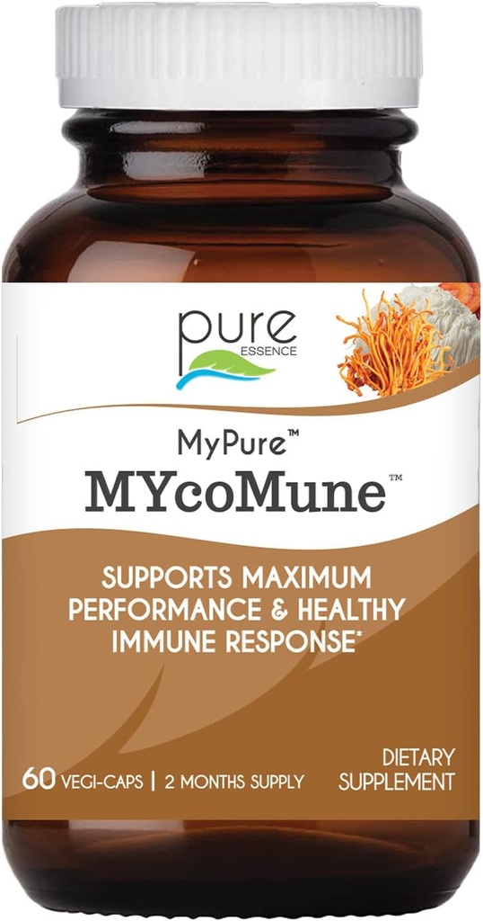PURE VÆSENTLIGE ETIKER MYcoMune immunforsvar supplement - Koncentreret Organisk Mushroom Powder Extract - Reishi, Lions Mane, Cordyceps, Chaga, Shiitake, Maitake - 60 Caps