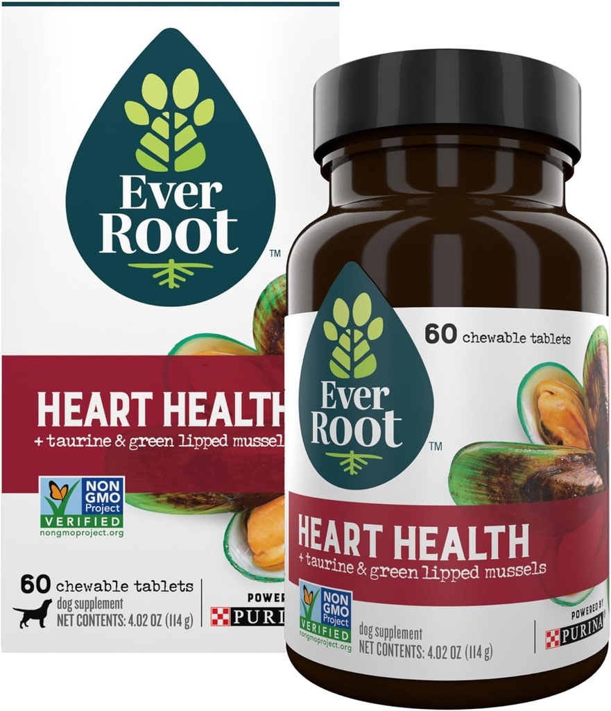 EverRoot Hund Heart Supplements Heart Health Chewable Tablets med Taurine og Green- Lipped Mussels - 4.02 oz. Canister