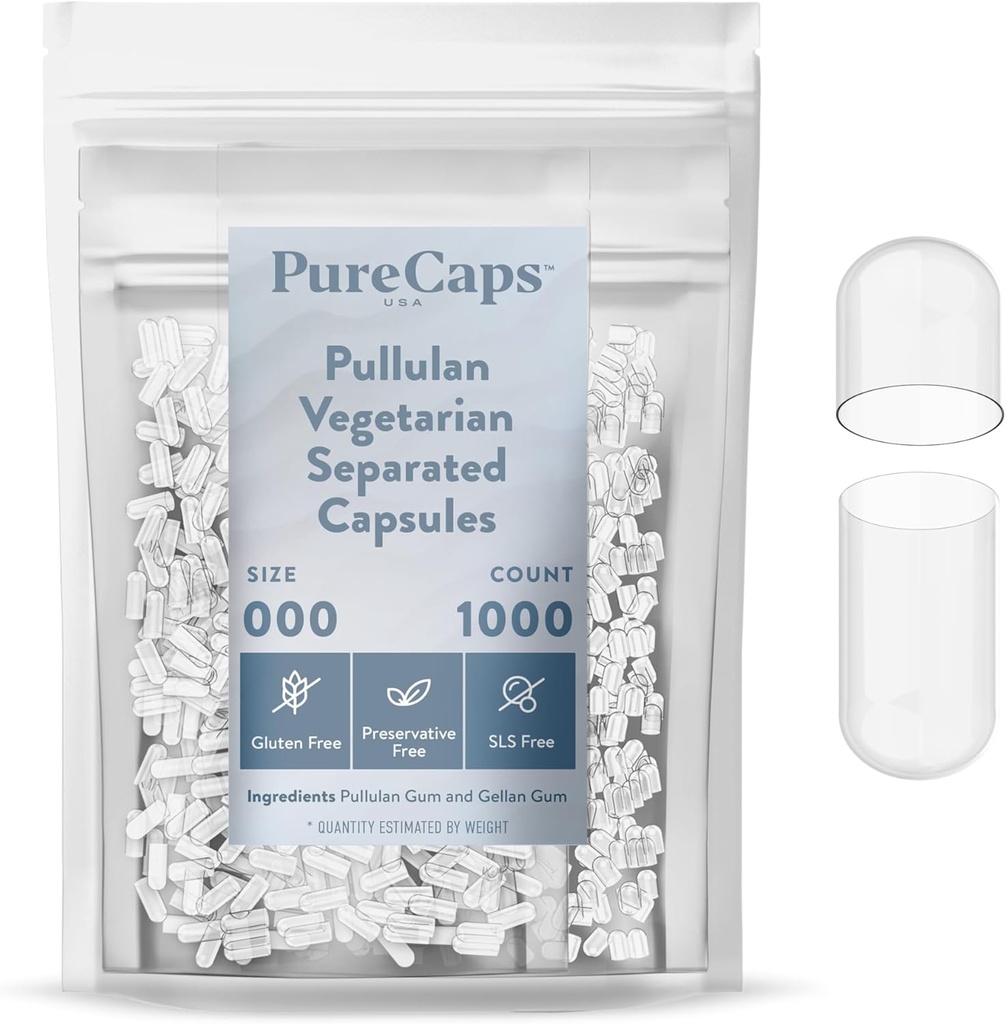 PureCaps USA - Empty Vegetarian Vegan Pullulan Pill Capsules Size 000 | 1,000 Separated Pills| Clear| Non-GMO Certified | SLS, Gluten, Preservative Free