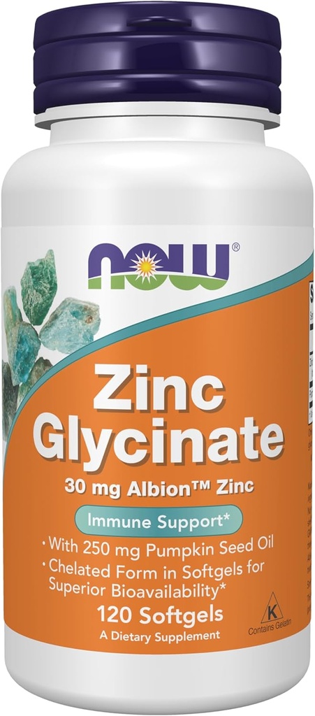 Now Foods Supplements, Zink Glycinate med 250 mg Pumpkin Seed Oil, Understøtter Prostate Health *, 120 Softgels (Packaging May Vary)