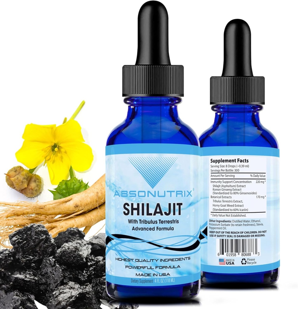 Absonutrix Shilajit med Tribulus Terrestris 390 mg, 4 Oz Liquid, 300 Servere, Made in USA, Quick Absorption, Kvalitetstokent Ingredienser, Non- GMO, GMP Certified Facility, Cruelty- Free Products