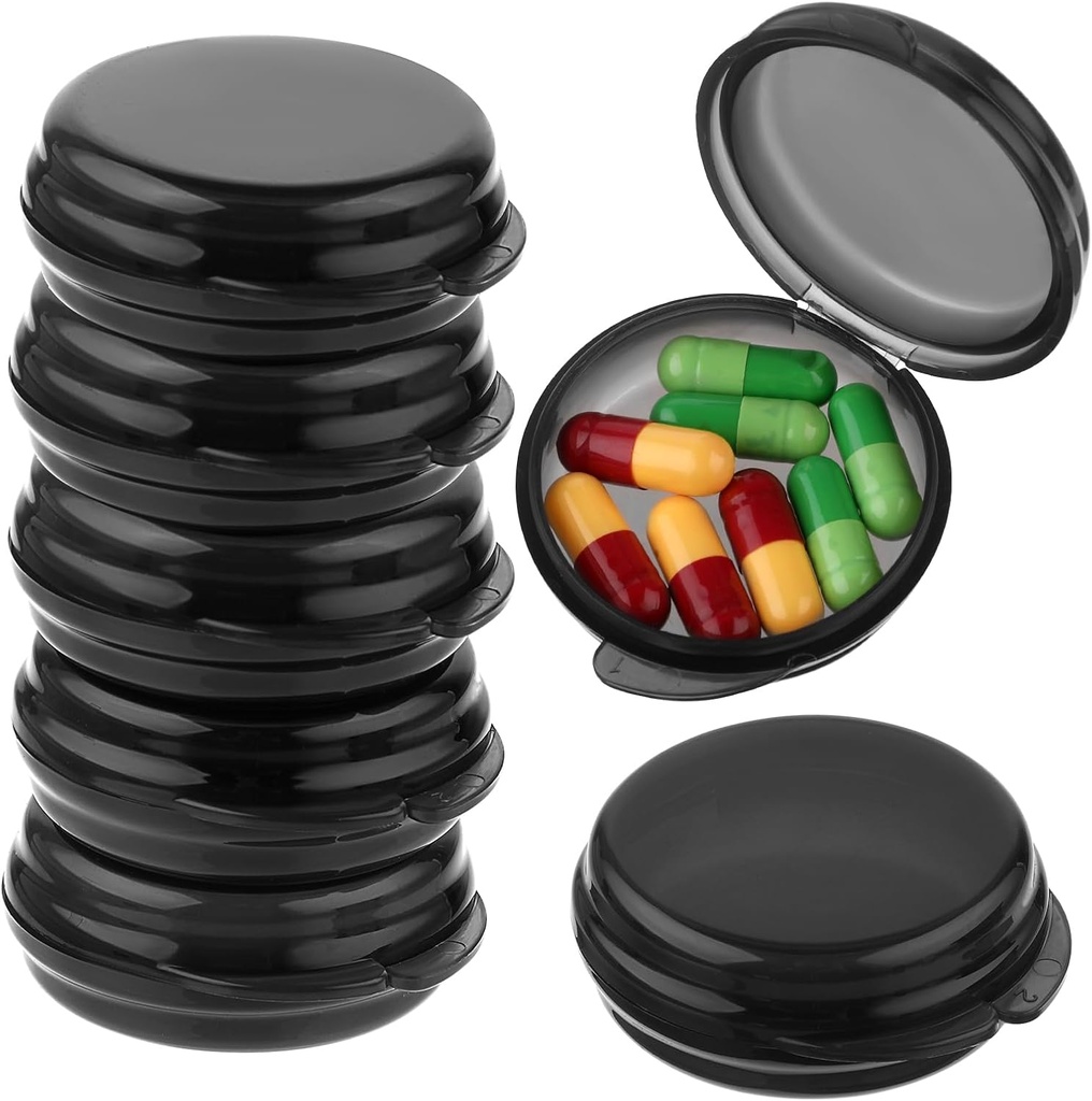 Lille pillkasse, Rejse runde pill sag, Bærbar medicin pill Container Holder, Daily Mini Pill Organizer til pung til at holde Vitamin Medicin Fish Oil Supplement (sort, 7PCS)