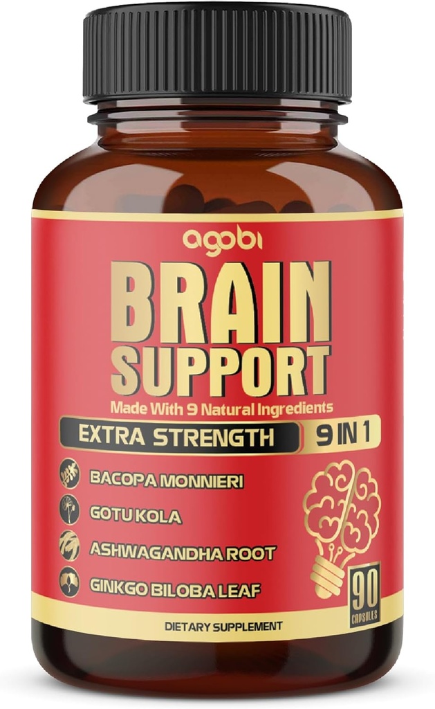 9in1 Brain Support Supplement - Koncentreret Ashwagandha Root, Gotu Kola pulver, Bacopa Monnieri pulver og mere - 90 kapsler - 3 Måneders forsyning
