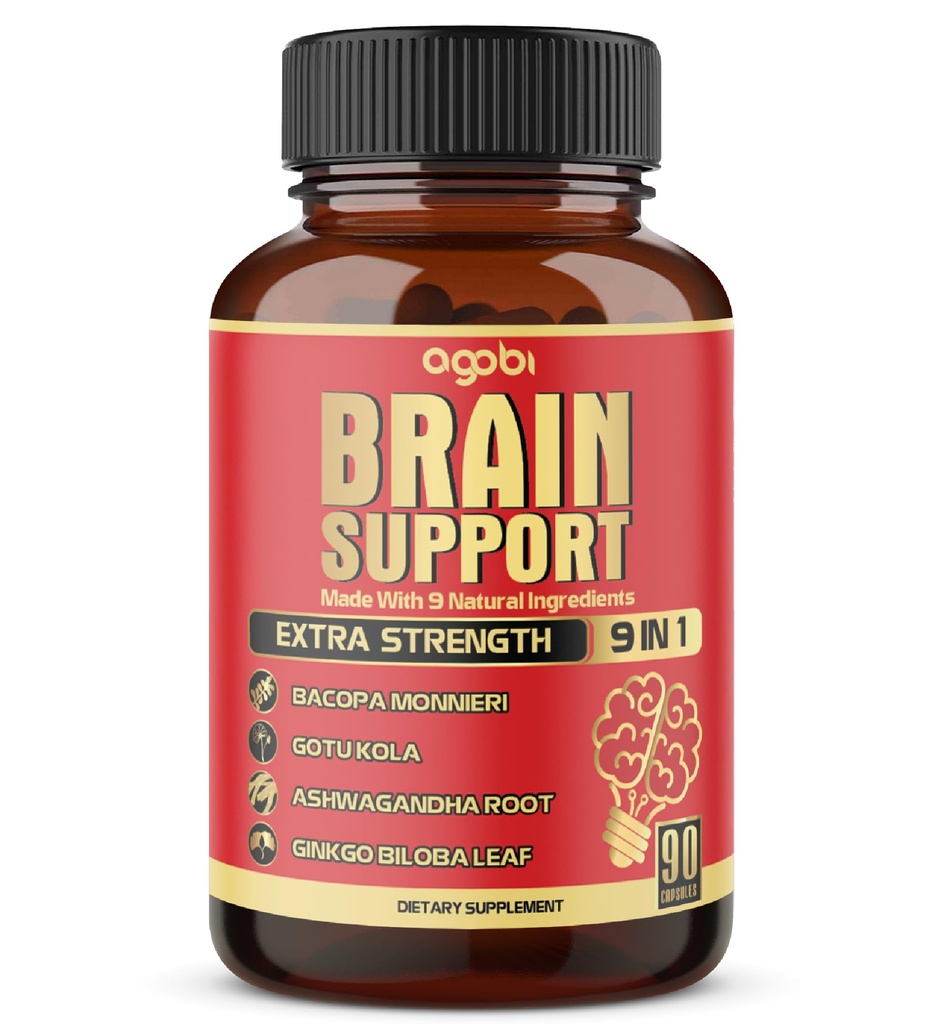 9in1 Brain Support Supplement - Koncentreret Ashwagandha Root, Gotu Kola pulver, Bacopa Monnieri pulver og mere - 90 kapsler - 3 Måneders forsyning