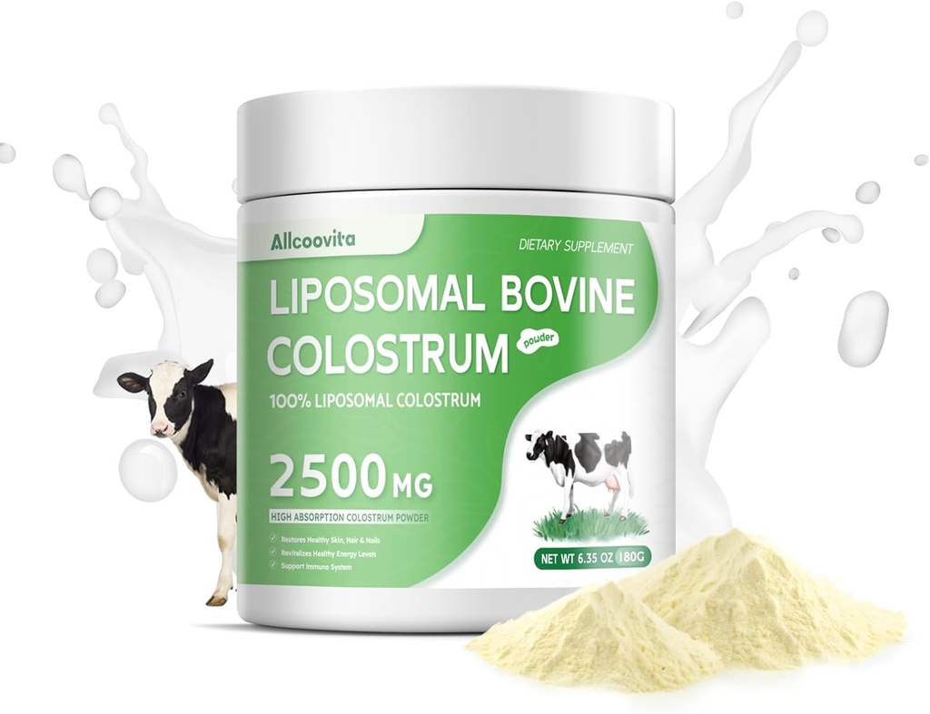 Liposomal Bovine Colostrum Powder - Pure Bovine Colostrum til mennesker - Græs Fed Colostrum supplement til Gut Support, immunforsvar og hårvækst, 72 Serveringer pr Bottle.180g / 6.35 oz
