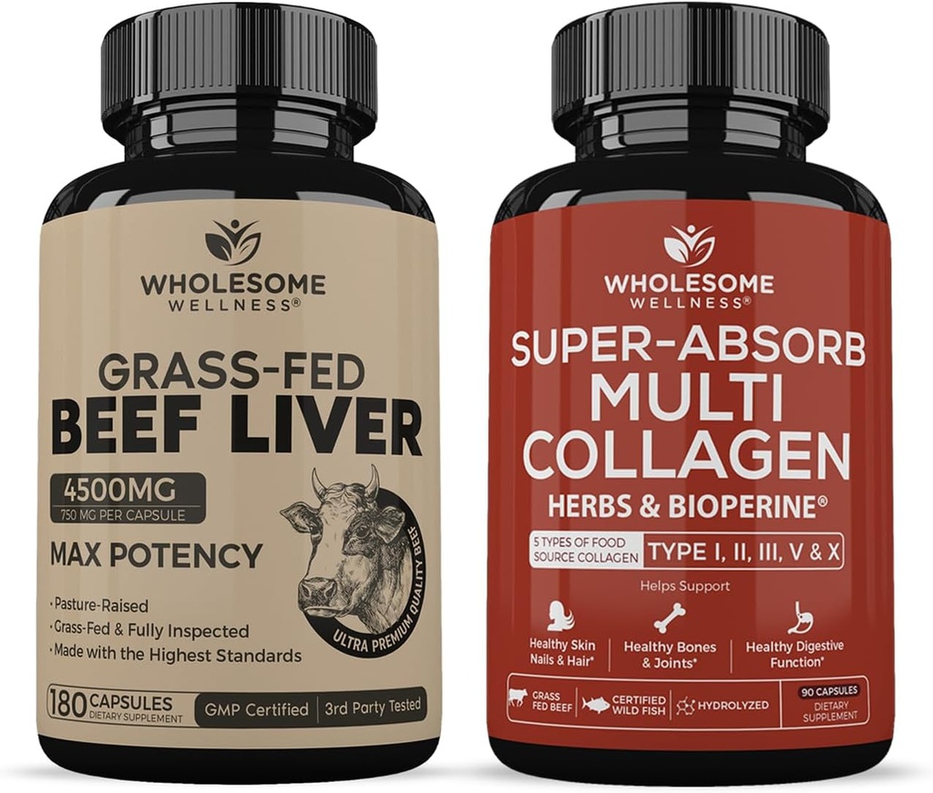 Grass Fed Desiccated Beef Liver Capsules (180 Pills, 750mg Each) - Natural Iron, Vitamin A, B12 for Energy + Super-Absorb Multi Collagen Pills (Type I II III V X) Organic Herbs and Bioperine Bundle