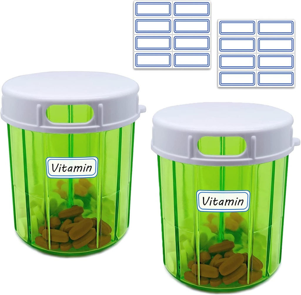 Pille Organizer 4 Segment 2PCS Pill Dispenser Stor Portable Pill Box Månedlig medicin Organizer til piller, fiskeolier, vitaminer, Kosttilskud (Pille sag 2 Pack + Self Adhesive Labels)